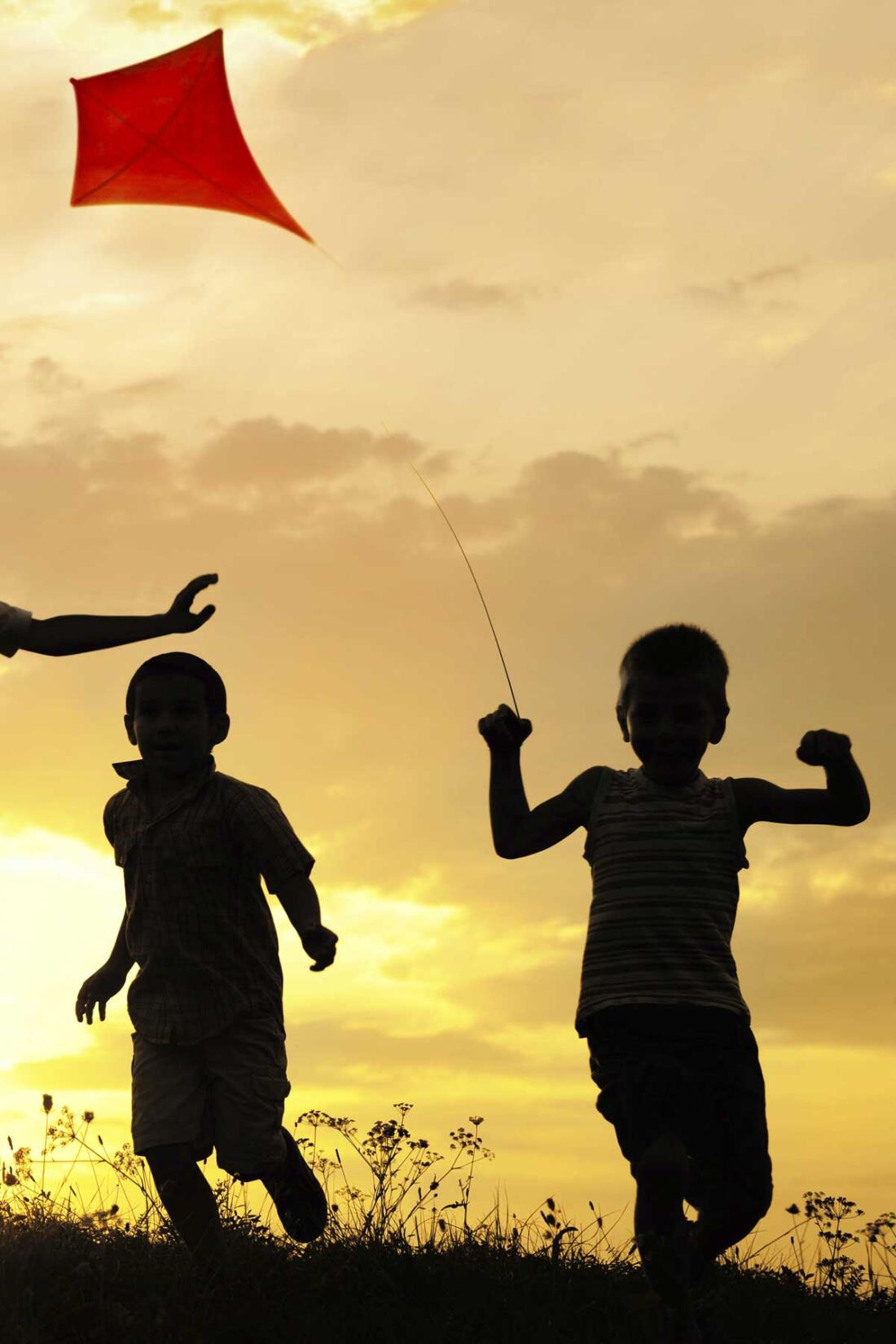 Children flying a kite outdoors