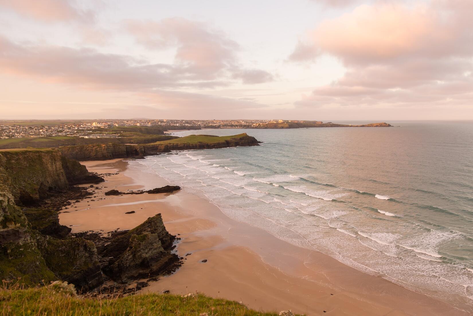 Overlooking Newquay from Porth at sunset