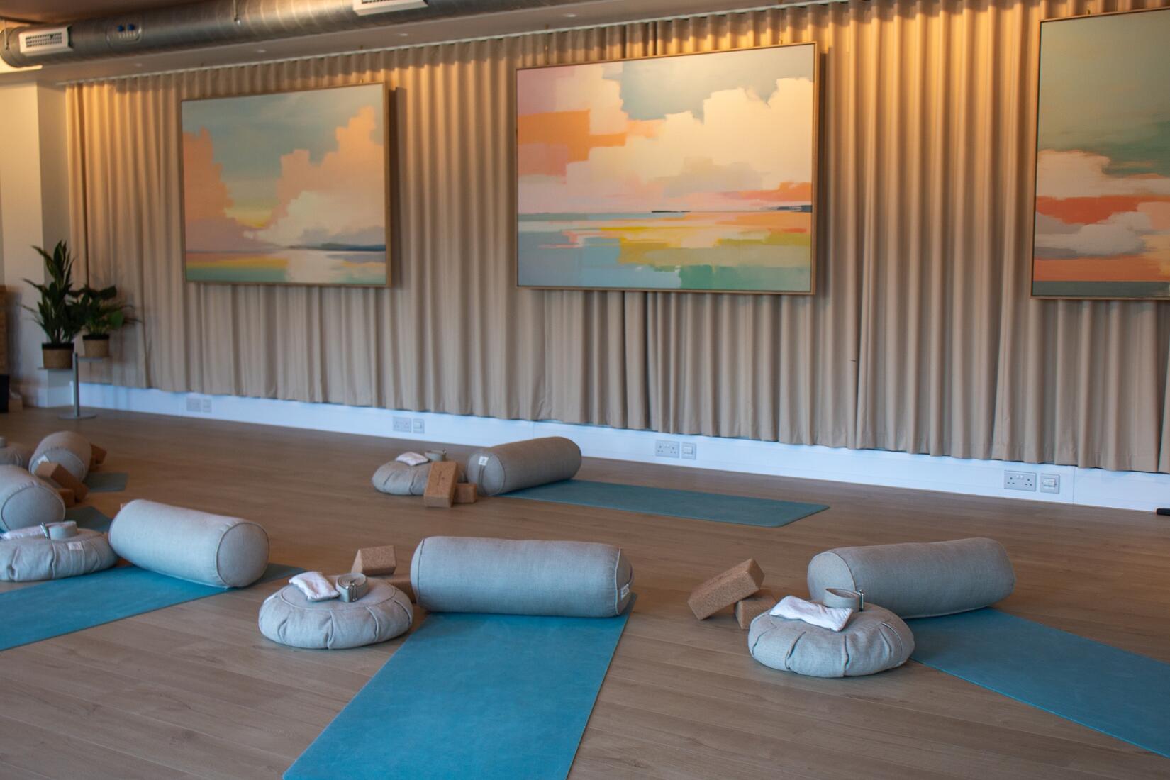 Fitness studio set up for a yoga class