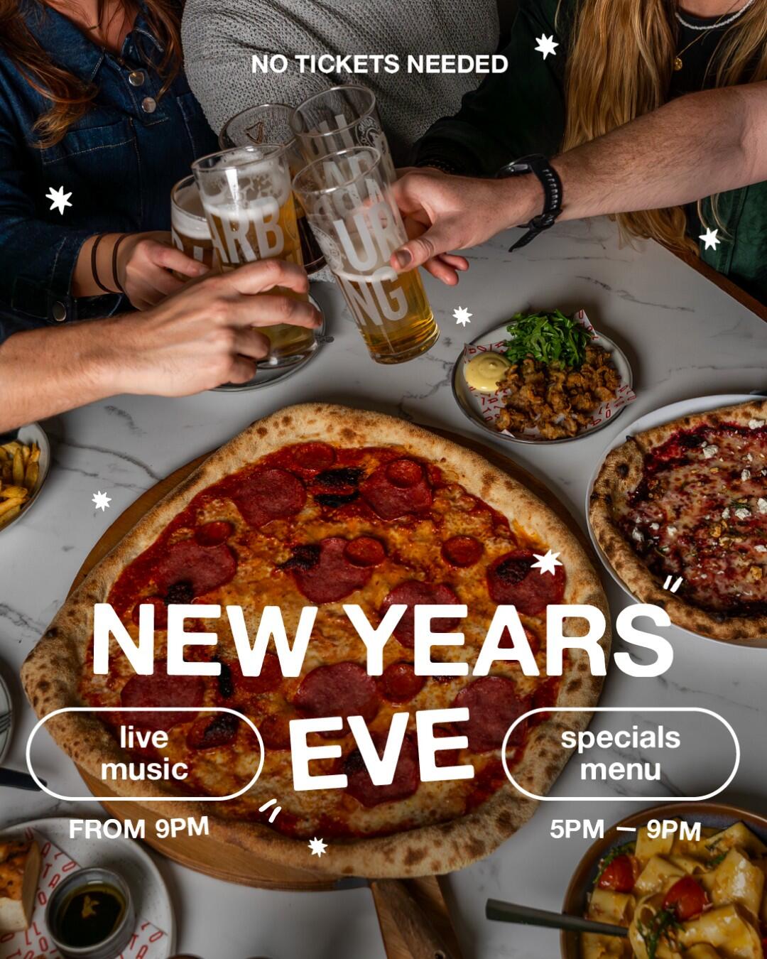 People cheersing, pizza on the table below with copy overlay about New Years Eve